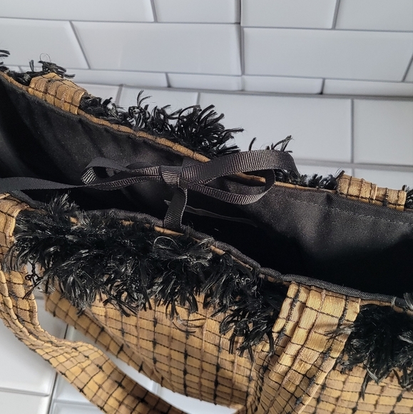 Medium Size Fabric Tote Bag with Black Fringed Trim  - Picture 2 of 8